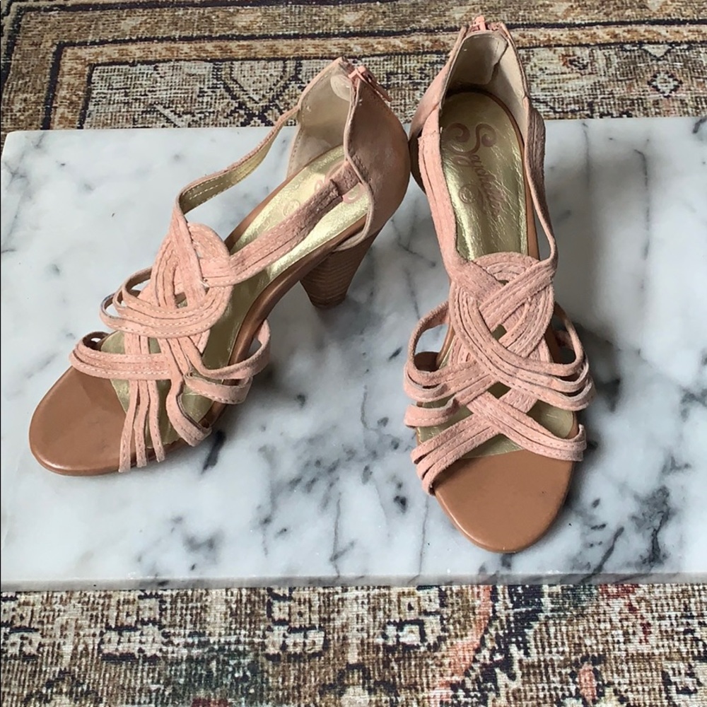 Seychelles woven blush pink suede stacked heels